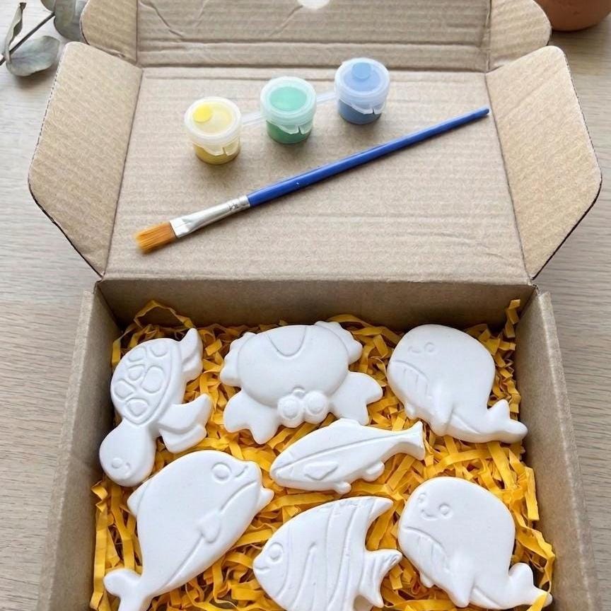 Paint Your Own Sea Animals Craft Kit — Kids Birthday Gift | 7 Plaster Figures, Paints & Brush