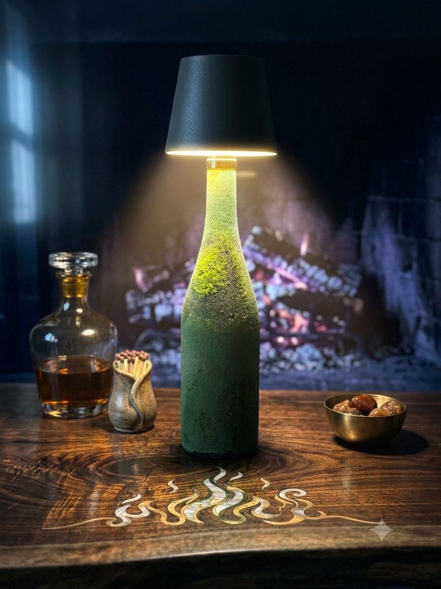 Moss Bottle Lamp — Rechargeable Forestcore Ambient Light | Handmade Cottagecore Gift | USB-C