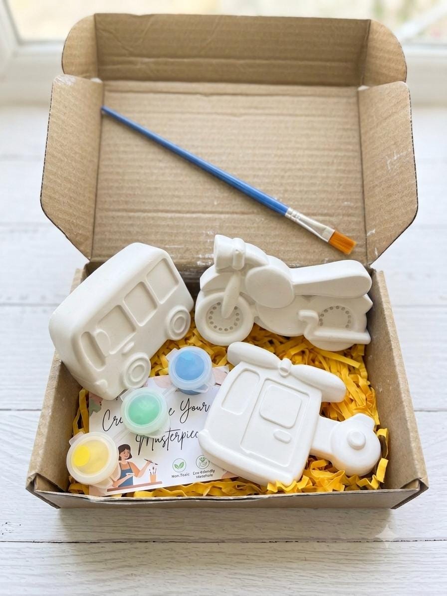Paint Your Own Vehicle Craft Kit — Kids Birthday Gift | 3 Plaster Models, Paints & Brush