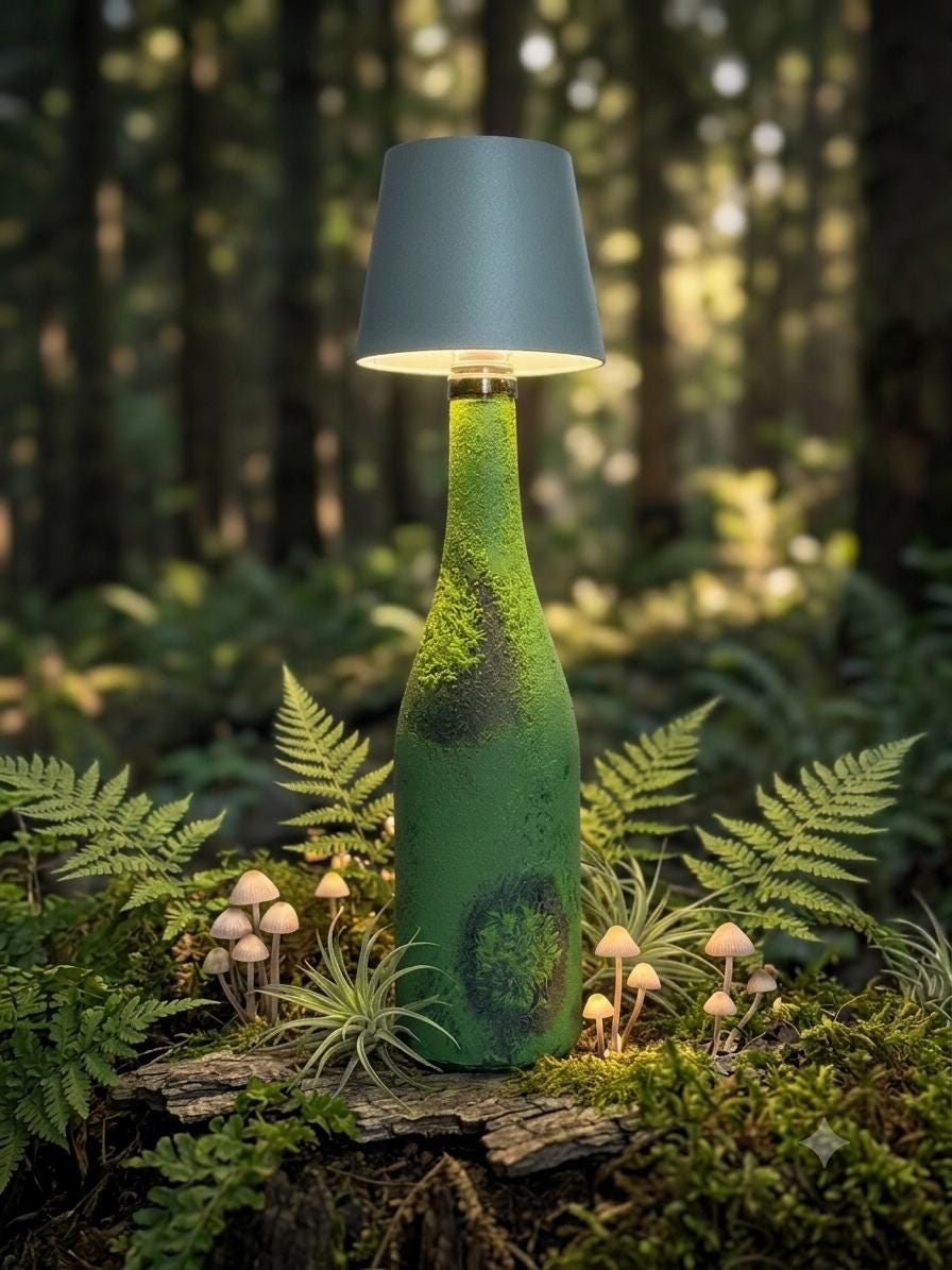 Moss Bottle Lamp — Rechargeable Forestcore Ambient Light | Handmade Cottagecore Gift | USB-C