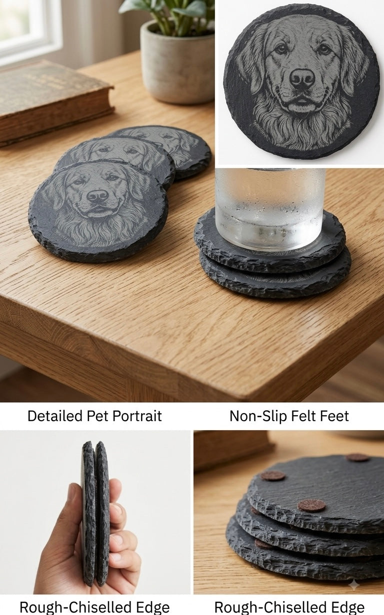 A set of round slate coasters featuring engraved dog portraits, shown on a wooden table with a glass cup. The collage includes close-up views of the engraved portrait, non-slip felt feet, and rough chiselled edges, with text labels.
