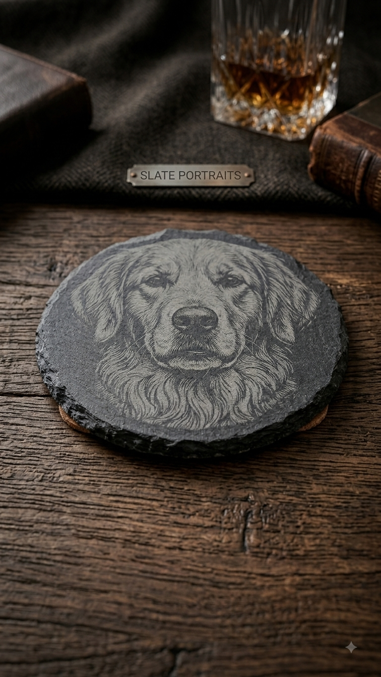 A round slate coaster featuring a detailed engraved portrait of a golden retriever dog, displayed on a rustic wooden table with a glass of whiskey and a branded tag in the background.