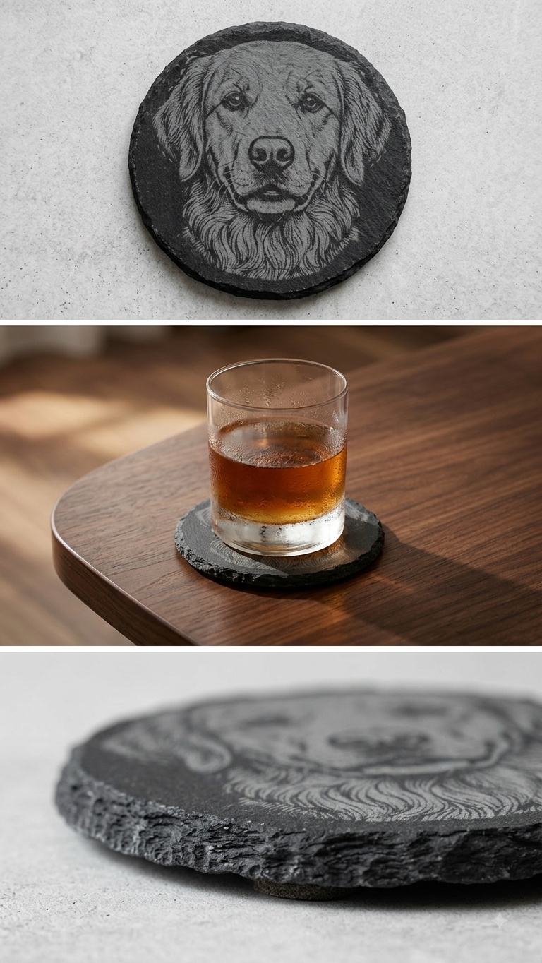 Three-panel product photo of a round dark slate coaster engraved with a dog portrait. The top panel shows the coaster alone on a light textured surface; the middle panel shows a glass of amber drink resting on the coaster on a wooden table; the bottom panel is a close-up of the coaster surface.