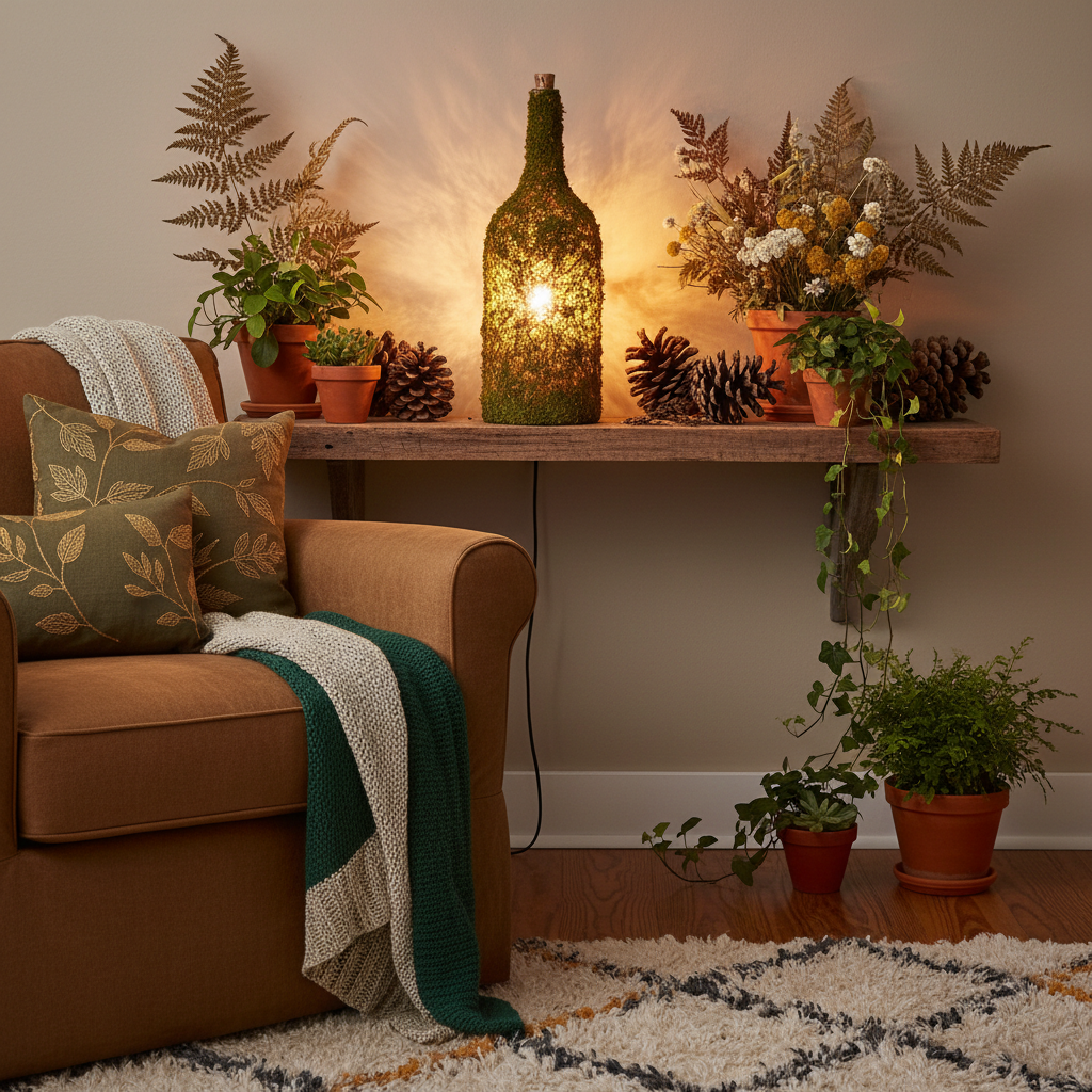 Moss bottle lamp glowing warmly on a rustic wooden shelf with dried botanicals and plants
